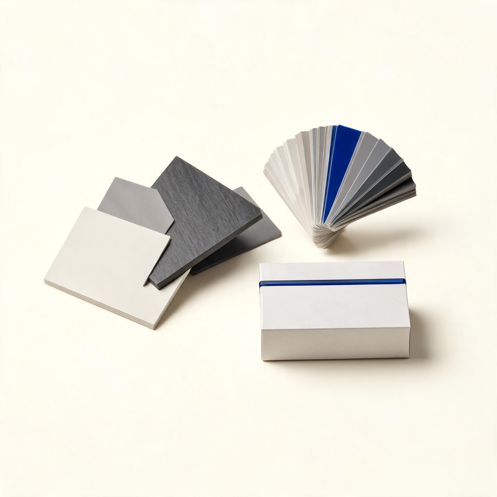 Material swatches, a color fan, and packaging forming a brand identity