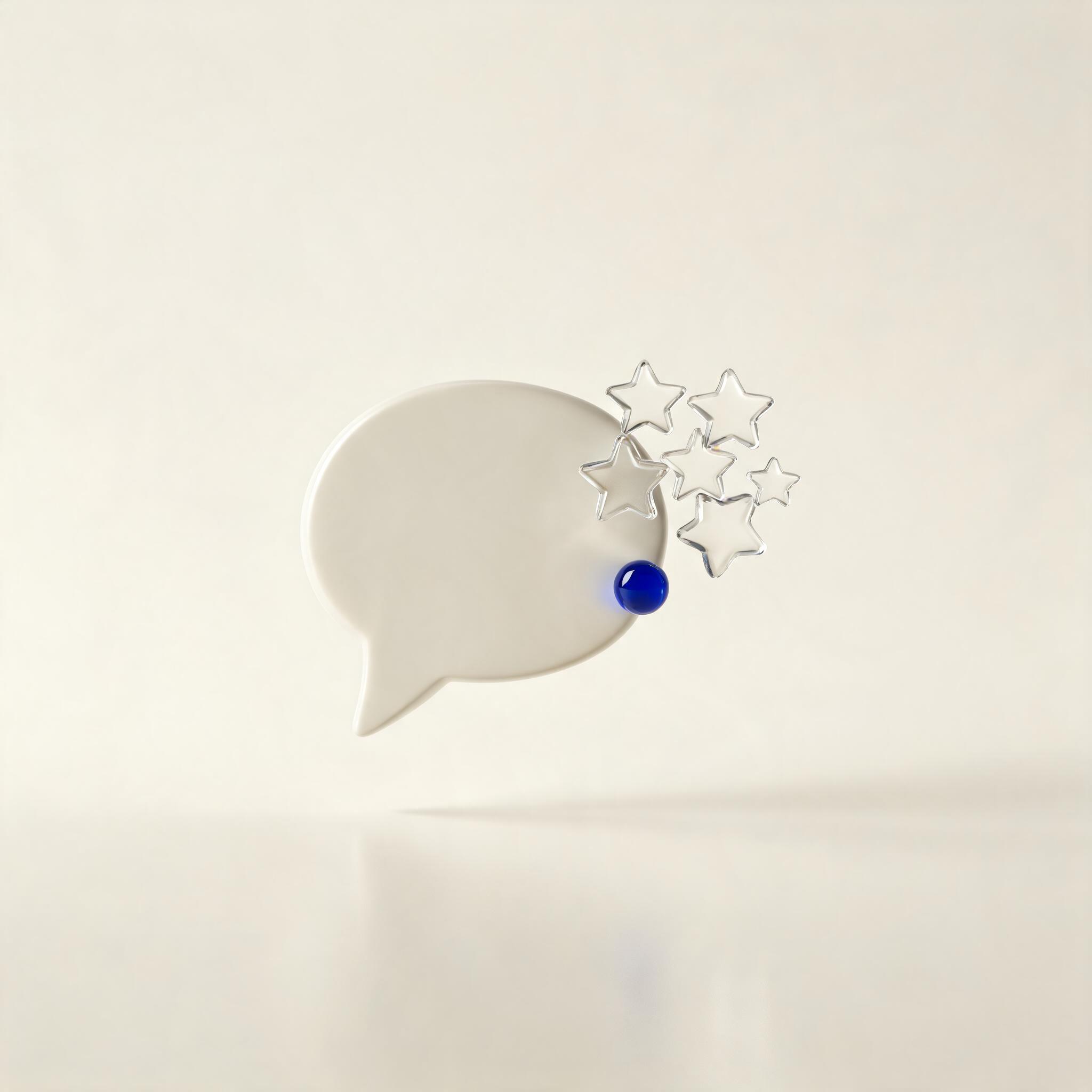A message bubble beside a five-star rating motif