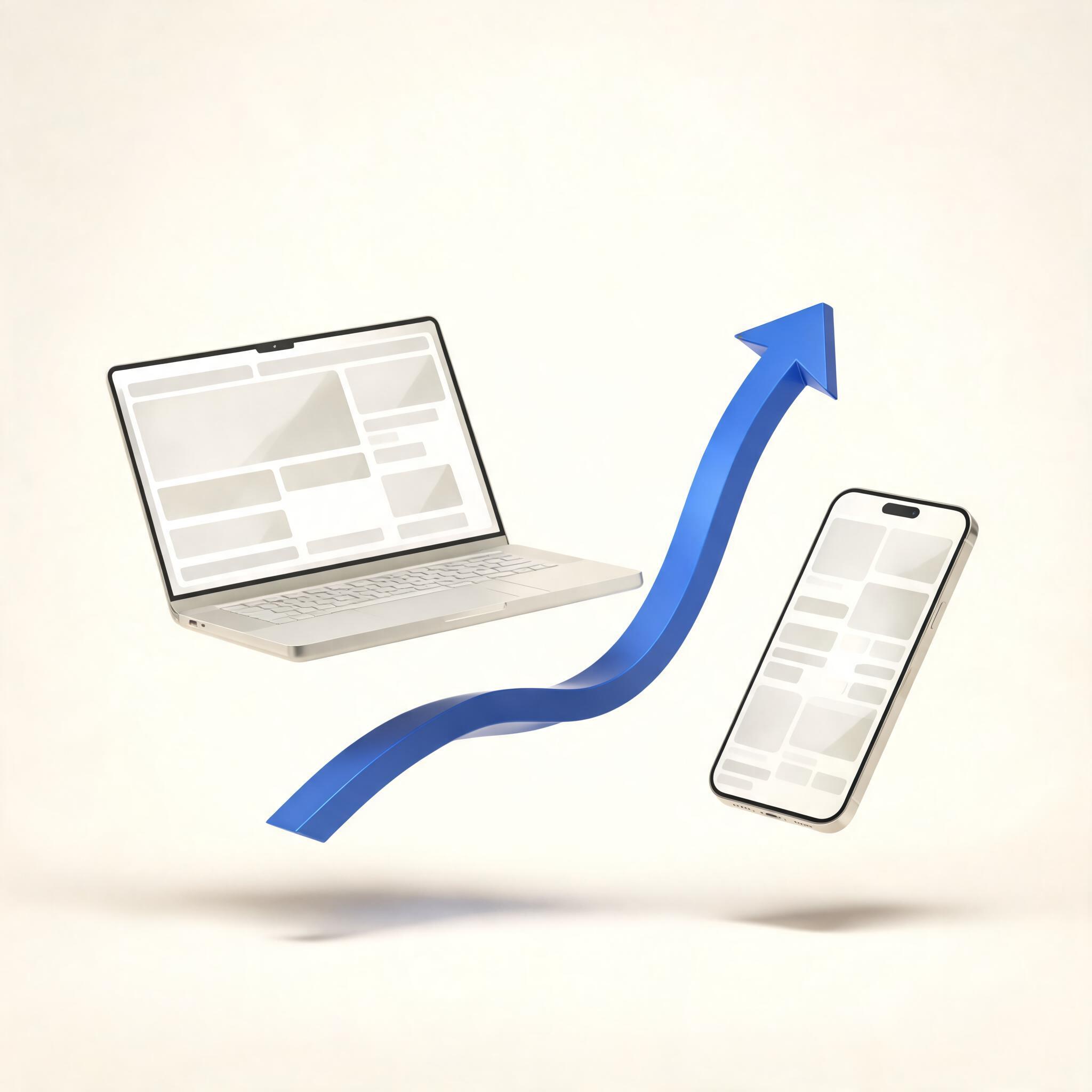 A laptop and phone showing a storefront with a rising performance arrow