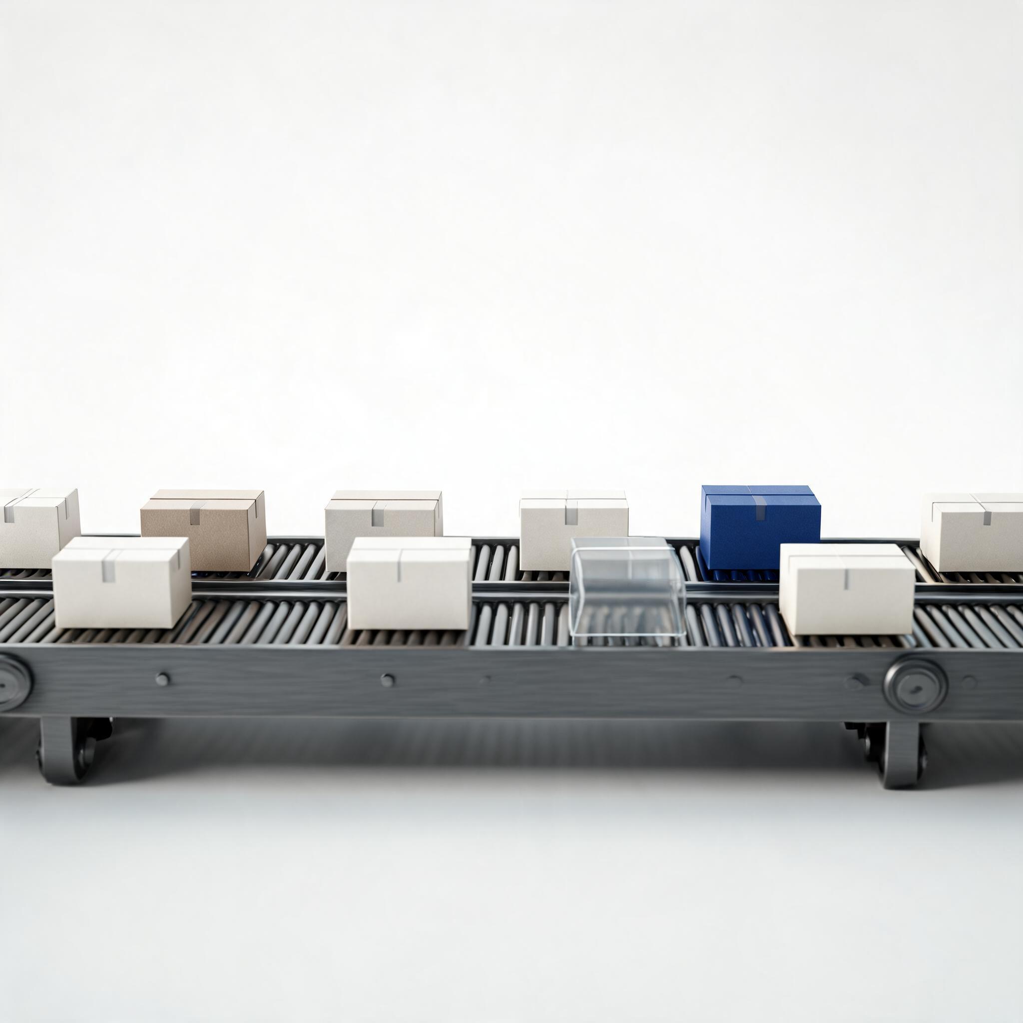 Shipping boxes gliding along a clean fulfillment conveyor